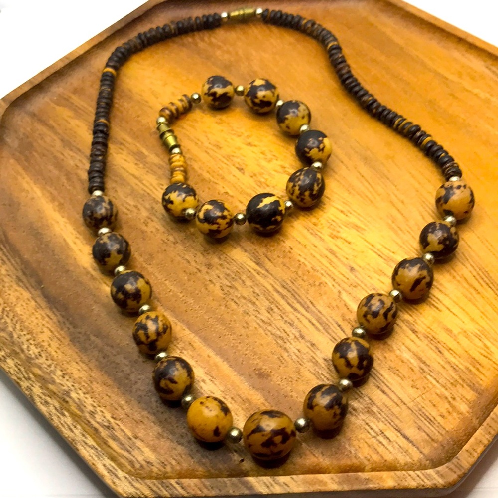 Brown & tan wood bead necklace and bracelet set